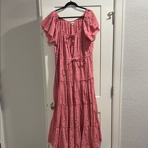Flutter Sleeve Pink Tiered Maxi Dress with Tie Waist